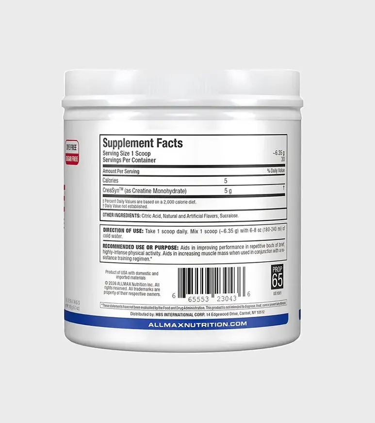 AllMax flavored monohydrate creatine 190g 30 servings nutrition facts