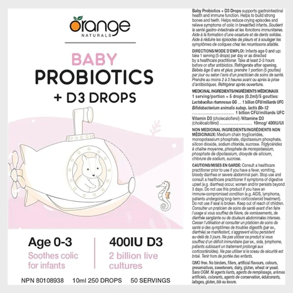 Orange Naturals Baby Probiotics + D3 Drops Product Description 50 servings 10ml 250 drops