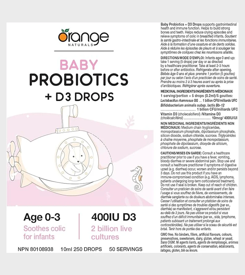 Orange Naturals Baby Probiotics + D3 Drops Product Description 50 servings 10ml 250 drops