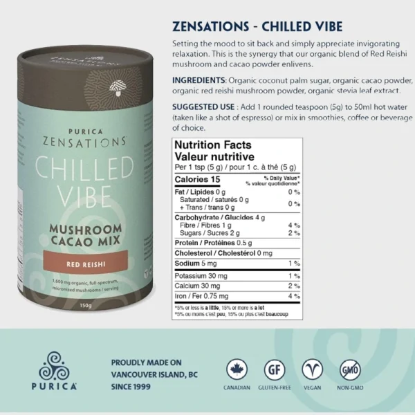 Purica Mushroom Zensations-Chilled-Vibe-Cacao Mix-Red Reishi nutrition facts 150g 30 servings