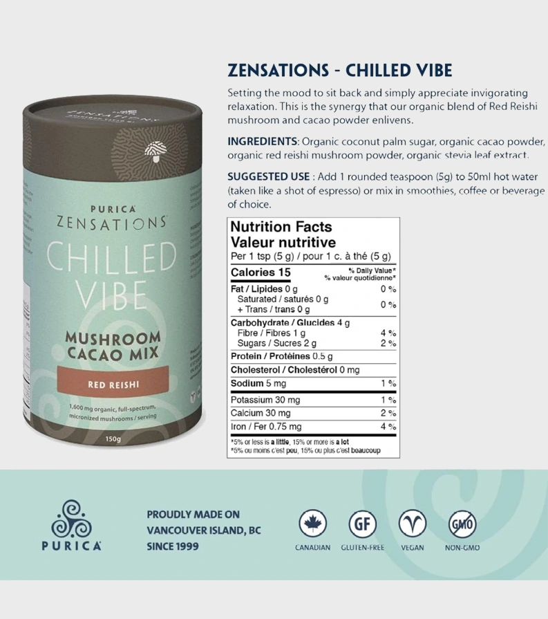 Purica Mushroom Zensations-Chilled-Vibe-Cacao Mix-Red Reishi nutrition facts 150g 30 servings
