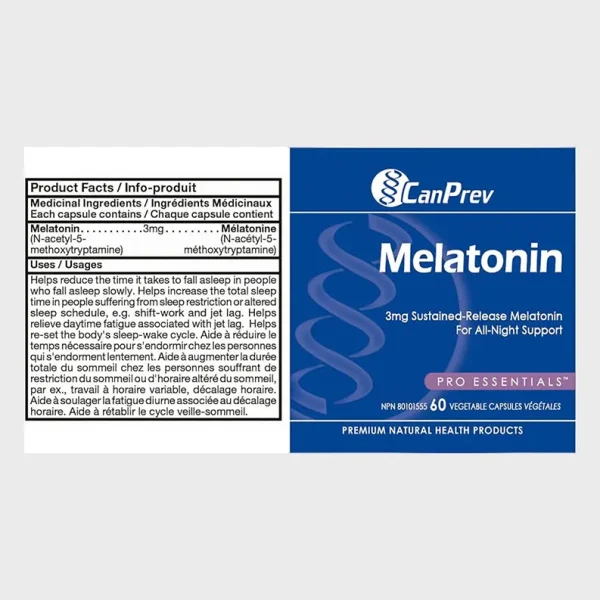 CanPrev 3mg Melatonin 3mg Sustained Release- Back Details Label - One Stop Supplements
