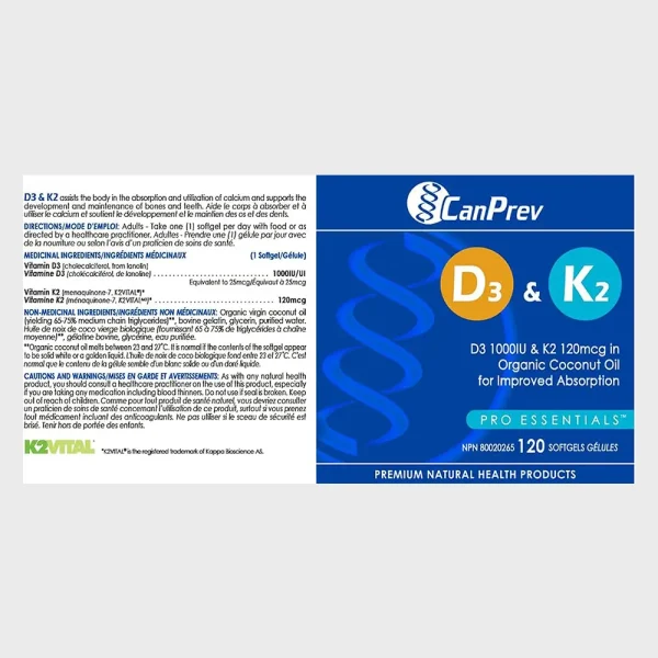 CanPrev Vitamin D3+K2 120 Softgels ingredients-facts One Stop Supplements