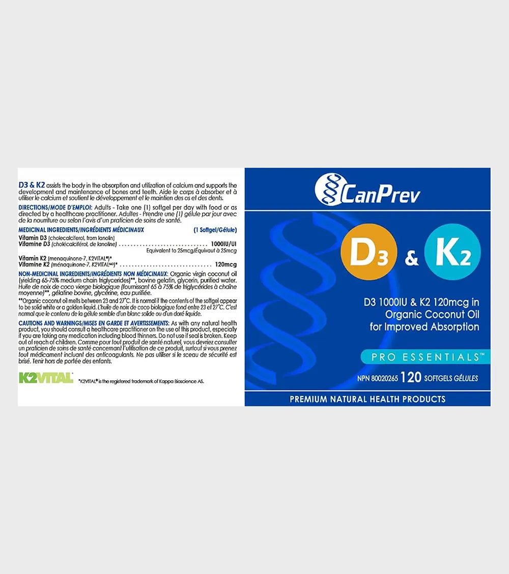 CanPrev Vitamin D3+K2 120 Softgels ingredients-facts One Stop Supplements