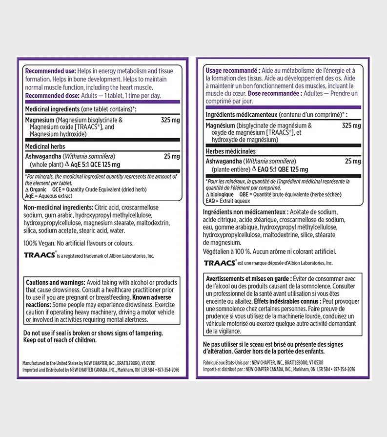 New Chapter Magnesium + Ashwagandha Back Label Details One Stop Supplements